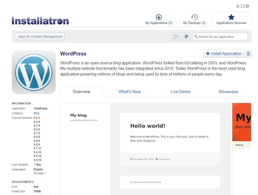 Wordpress installeren met Installatron